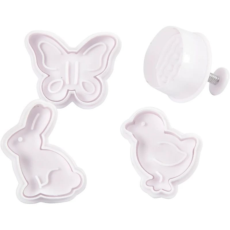 Utsticksform med prägel, påskägg, hare, kyckling, fjäril, H: 5 cm, vit, 4 st./ 1 förp. [HOB-782872]