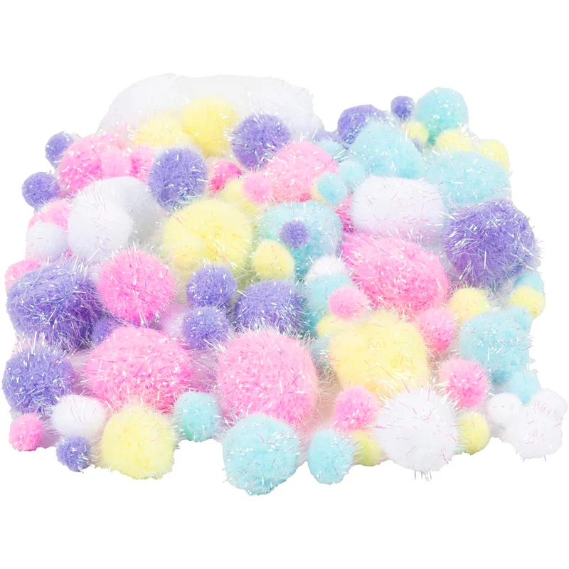 Pompoms, Dia. 15-40 mm, glitter, ca. 75 st., pastellfärger, 62 g/ 1 förp. [HOB-518950]