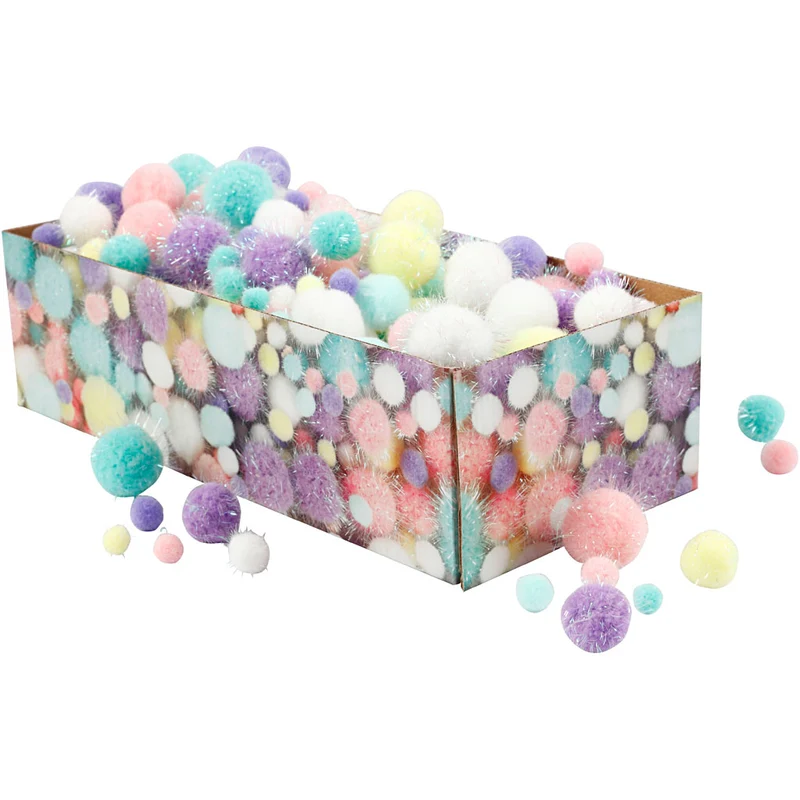 Pompoms, Dia. 15-40 mm, glitter, ca. 400 st., pastellfärger, 400 g/ 1 förp. [HOB-51895]