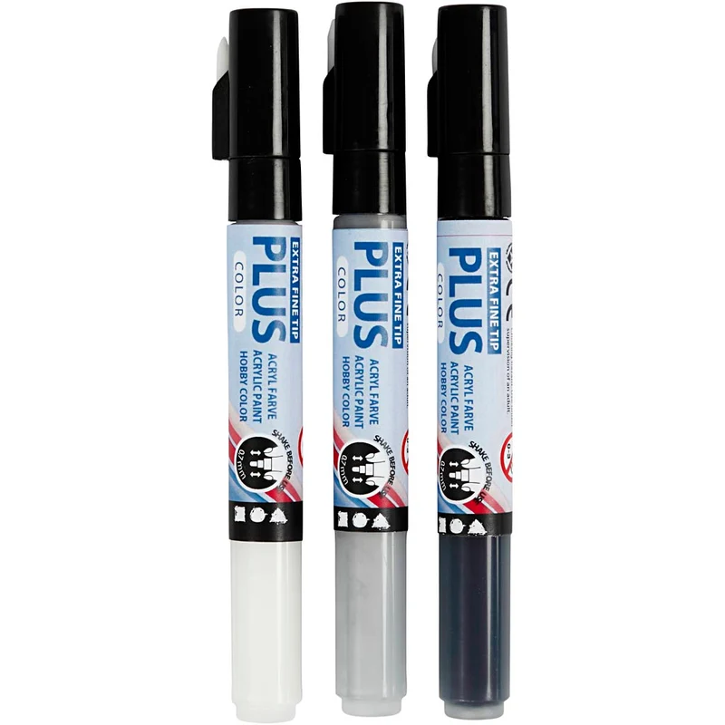 Plus Color Tusch, L: 14,5 cm, spets 0,7 mm, svart, råvit, rain grey, 5,5 ml, 3 st./ 1 förp. [HOB-39991]
