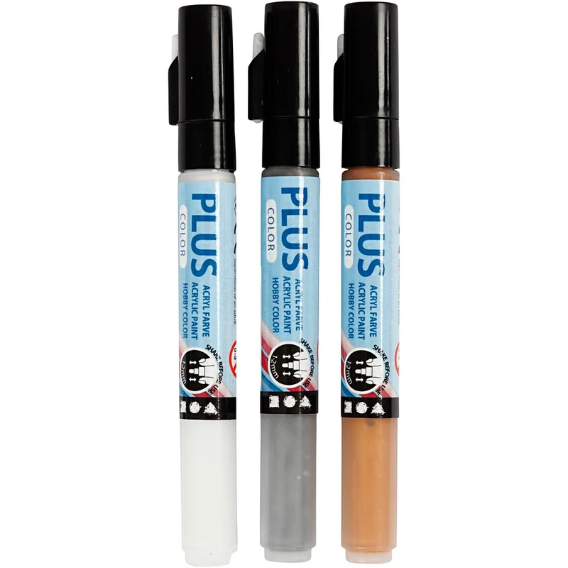 Plus Color Tusch, L: 14,5 cm, spets 1-2 mm, guld, silver, råvit, 5,5 ml, 3 st./ 1 förp. [HOB-39892]