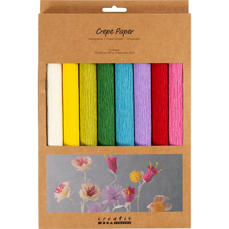 Kräppapper, ark 25x60 cm, Stretchbarhet: 180%, 105 g, standardfärger, 8 ark/ 1 förp. [HOB-209003]