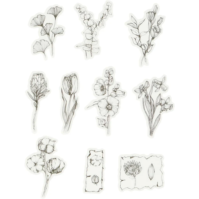 Washi stickers, svart/vita blommor, stl. 30-50 mm, 30 st./ 1 förp. [HOB-24753]