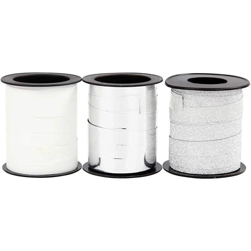 Presentsnören, B: 10 mm, silver, silverglitter, vit, 3x15 m/ 1 förp. [HOB-202412]
