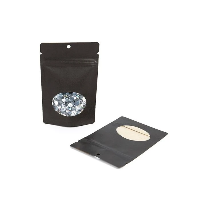 Stå upp påsar Kraft Svart med ovalt fönster 10.2x6x15.2cm | 57 gram med runt hängande hål (100 st) [ZBGO2BKH]
