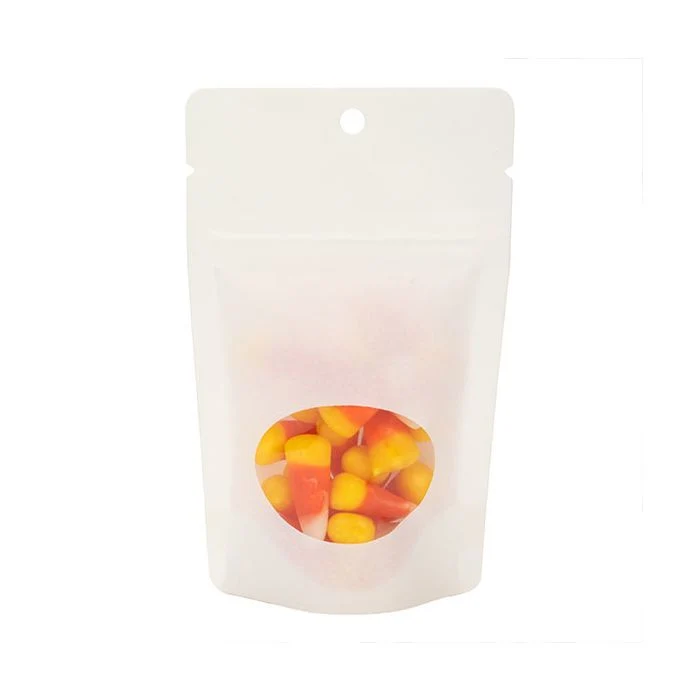 White Kraft Stå upp påsar Bag 8 x 5 x 13 cm med ovalt fönster + hängande hål (100 st) [ZBGO1WKH]