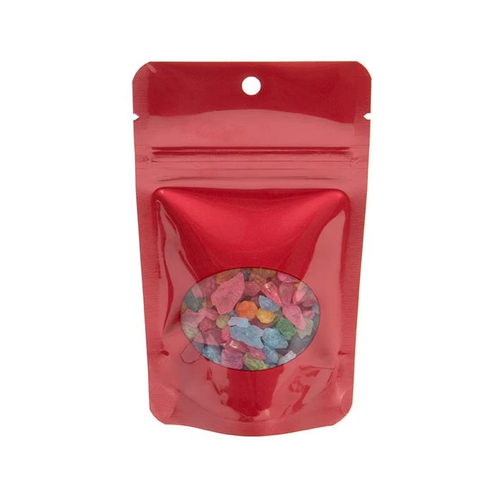 röd Stå upp påsar Väskor med ovalt fönster 8 x 5 x 13 cm + hängande hål (100 st) [ZBGO1RH]