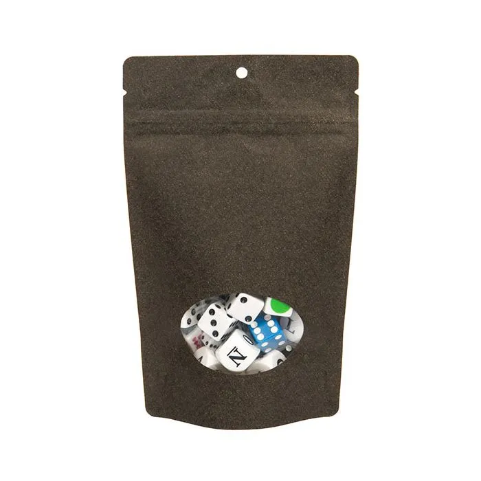 Stå upp påsar Kraft Svart med ovalt fönster 13x8x20.5cm med hängande hål | 113 gram (100 st) [ZBGO3BKH]