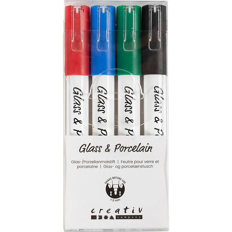 Glas- och porslinstusch, spets 1-2 mm, semi opaque, svart, blå, grön, röd, 4 st./ 1 förp. [HOB-31336]