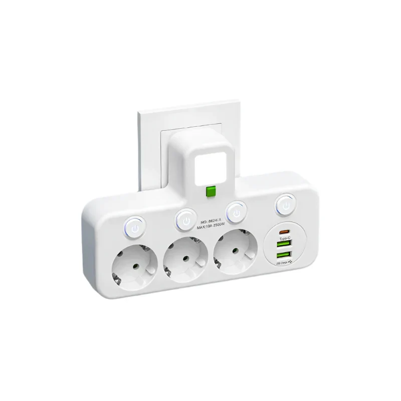 3-vägs uttagsdelare med individuella strömbrytare och dubbla USB-laddningsportar