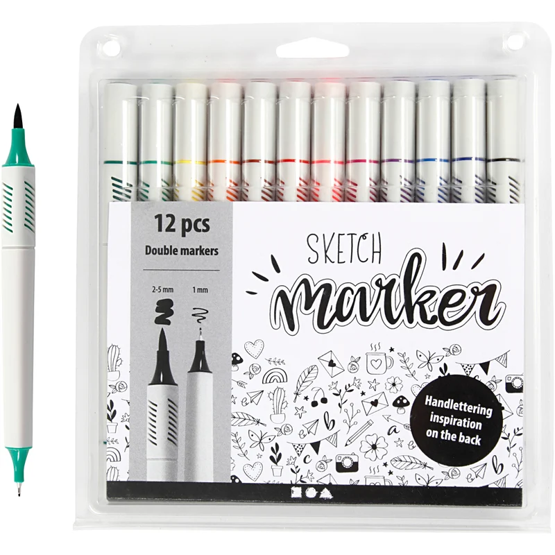 Sketch markers, spets 1+2-5 mm, standardfärger, 12 st./ 1 förp. [HOB-37382]