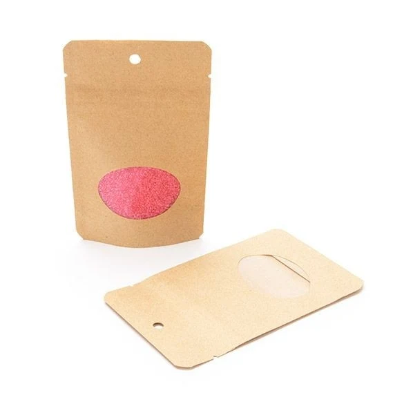 Stå upp påsar Kraft med ovalt fönster 8x5x13cm | 28 gram med runt hängande hål (100 st) [ZBGO1KH]