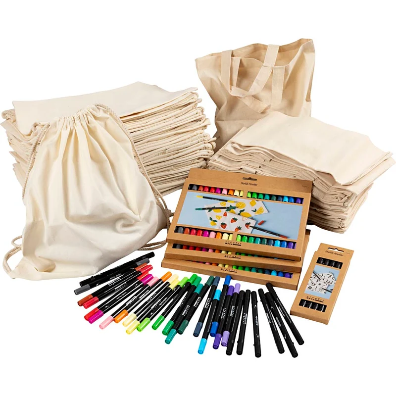 Grupp DIY Kit Sko- och textilkassar med tusch, stl. 27,5x30 cm, mixade färger, 1 set [HOB-97075]
