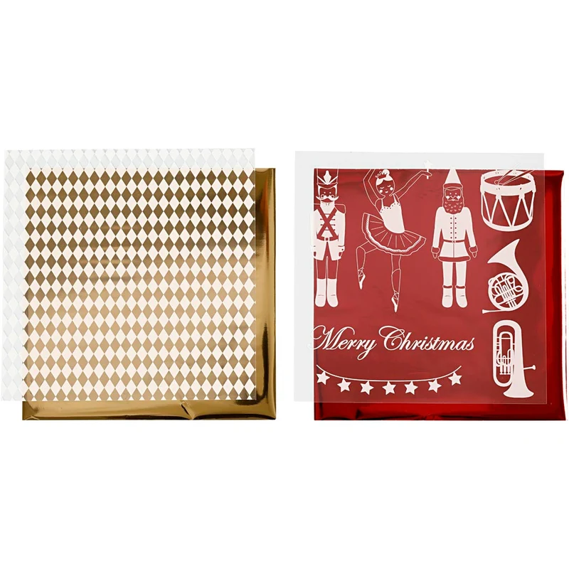 Dekorationsfolie och limark med motiv, nötknäppare, jultomte och ballerina, ark 15x15 cm, guld, röd, vit, 4 ark/ 1 förp. [HOB-25334]