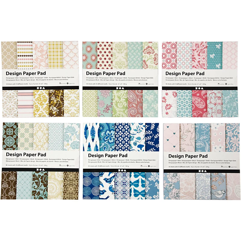 Designpapper, ark 15,2x15,2 cm, 120 g, mixade färger, 300 ark, 6x50 ark/ 1 förp. [HOB-225910]