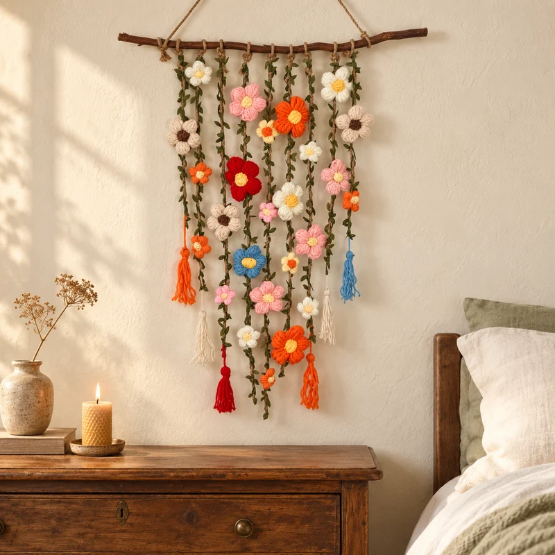 Virkat Blomhänge – Boho Väggdekoration med Tofsar
