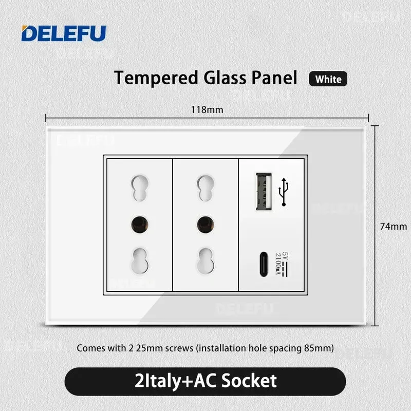 DELEFU Tempered Glass Wall Socket with USB-C Fast Charging – Schuko/Italy