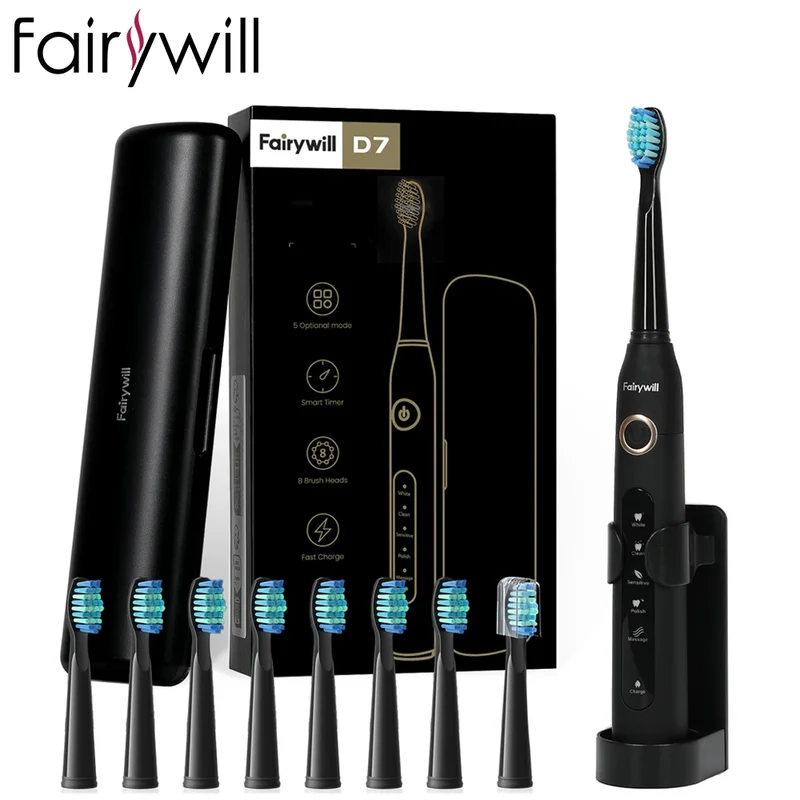 Fairywill FW-D7 Electric Sonic Toothbrush | USB Rechargeable, Waterproof, 8 Replacement Heads
