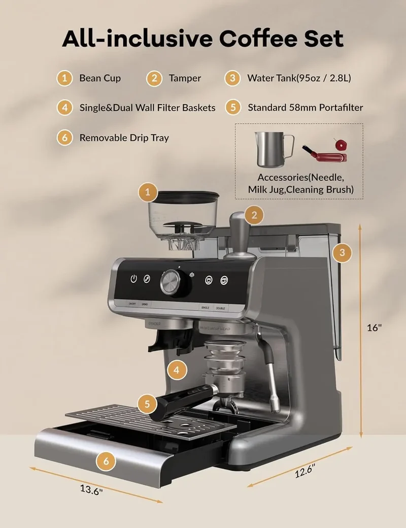 20 Bar Espresso Coffee Machine 1450W | Semi-Automatic with Grinder