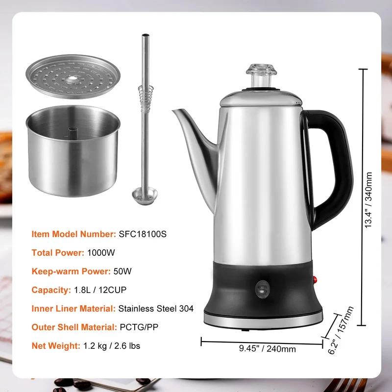 SucceBuy 12-Cup Electric Coffee Percolator – 304 Stainless Steel, Keep Warm, 1.8L
