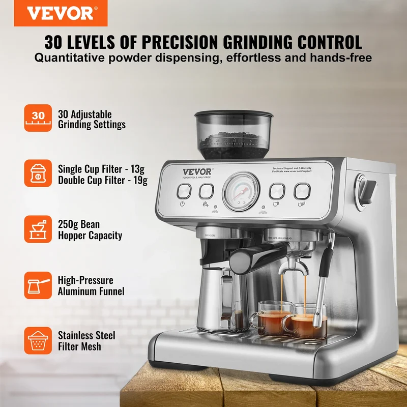 SucceBuy 15 Bar Espresso Machine with Grinder & Milk Frother | Semi-Automatic