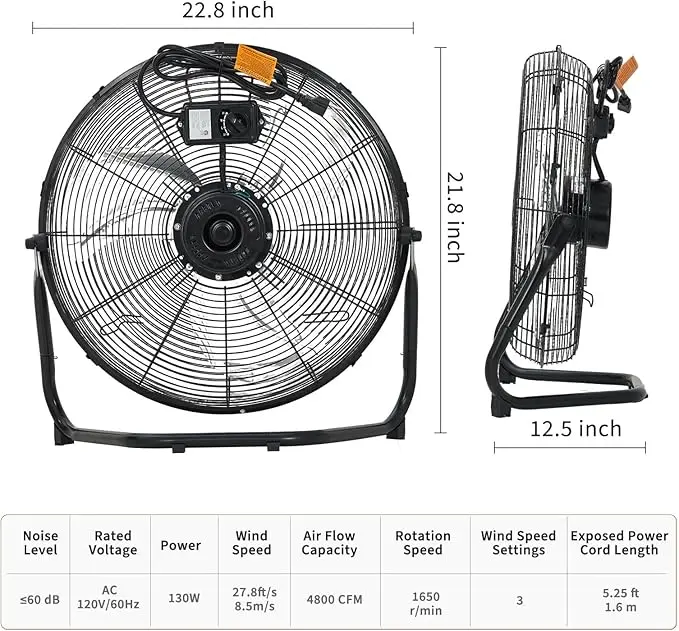 Heavy Duty Industrial Floor Fan 12–20" – 3 Speeds, 4800 CFM, 360° Tilt, High Velocity