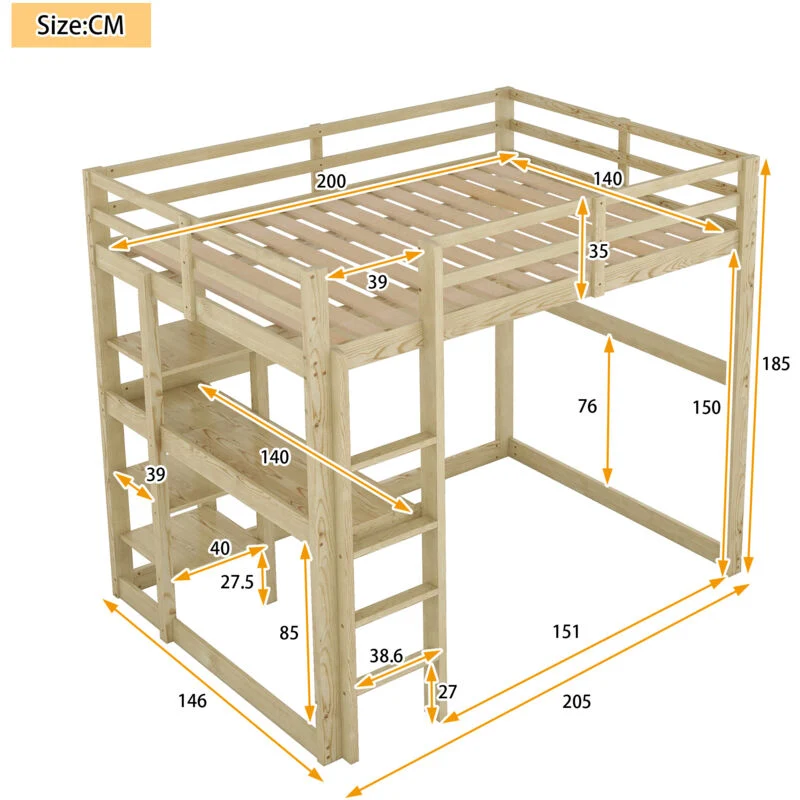 Loft Bed with Storage Shelves and Desk, Natural Pine, 140 x 190 cm
