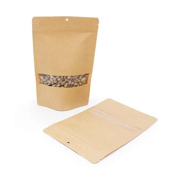 Stå upp påsar Kraft 15x9x23cm med fönster med hängande hål (100 st) [ZBGW7KH]