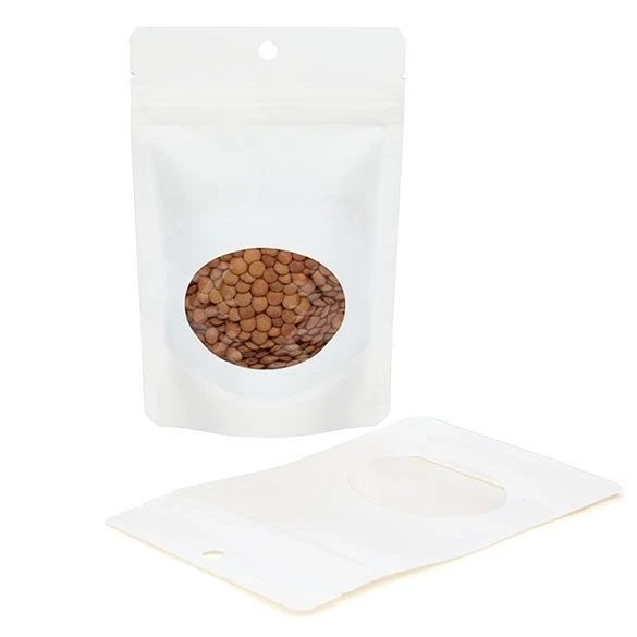 Stå upp påsar White Kraft Komposterbar 10.2x6x15.2cm med ovalt fönster | 57 gram (100 st) [ZBGEO2W]