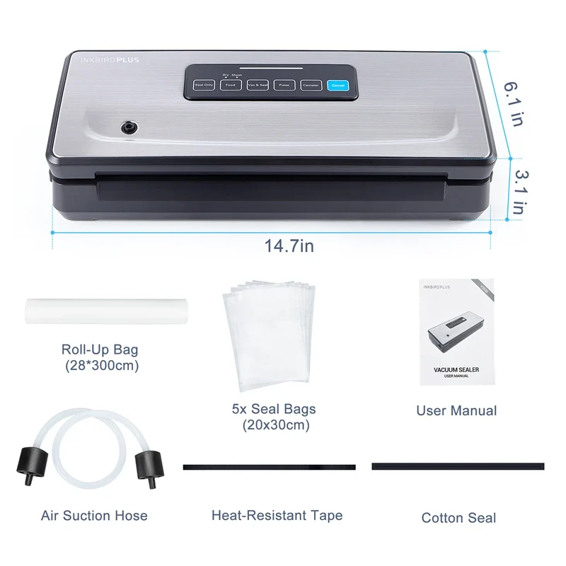 INKBIRD INK-VS02 Vacuum Sealer | Dry/Moist/Pulse/Canister Modes | Food Packaging Machine | EU Plug