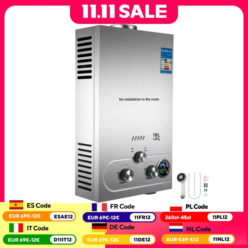 VEVOR Propane Gas Tankless Water Heater 6L-18L | Outdoor Camping & Bathroom | Instant Hot Water
