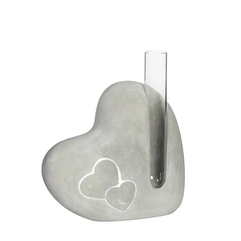 Cementhjärta med glasrör L. 4,5 x B. 13 x H. 14,6 cm - 6 st