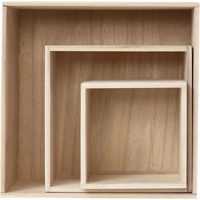 Storage Boxes, square, H: 15x15+21.5x21.5+28x28 cm, depth 12.5 cm, paulownia, 3pcs [HOB57637]
