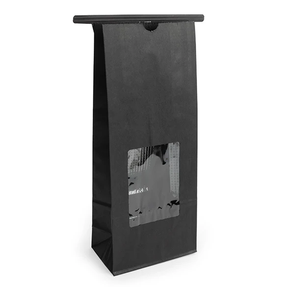 Blockbottenpåsar Svart med Tin-Tie Förslutning och Fönster 10,8x6,4x26,7cm (100 st) [TTW2B]