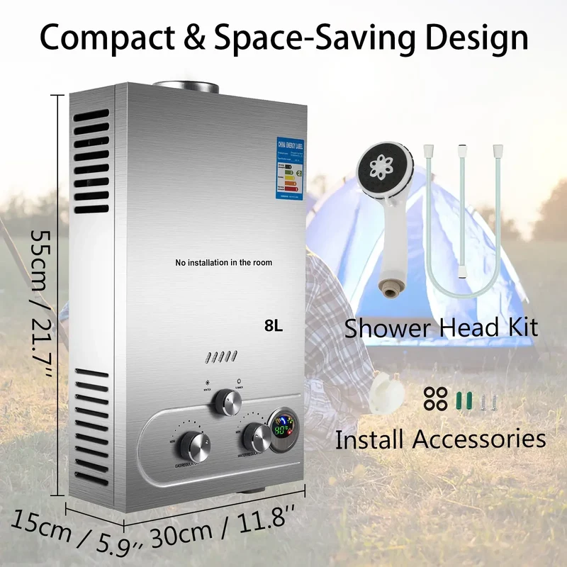 VEVOR 6–18L LPG Propane Tankless Water Heater | Shower Kit Included | CE Certified