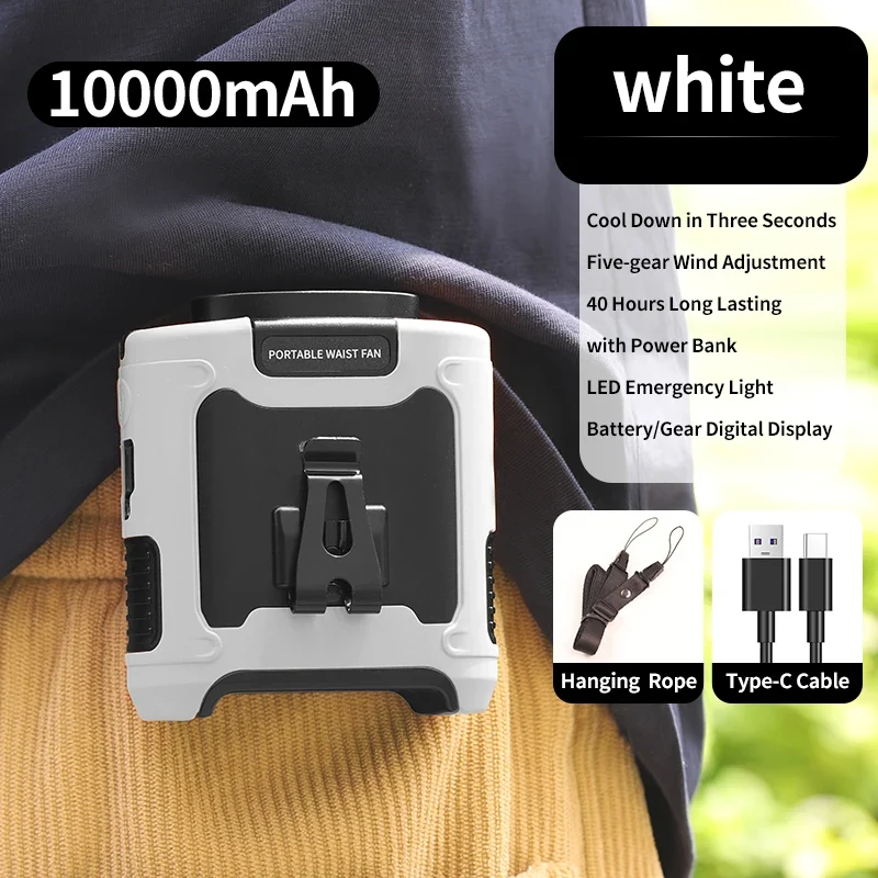 Portable Waist & Neck Fan 10000/20000mAh – 5 Speed, LED Light