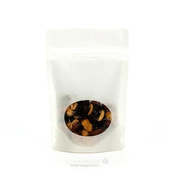 Stå upp påsar Kraft Vit med oval Fönster 10x6x15cm | 57 gram (100 st) [ZBGO2WK]