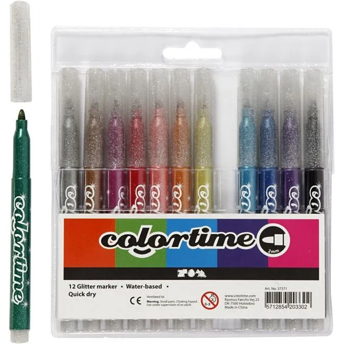 Colortime Glitter Marker, line width: 4.2 mm, asstd colours, 12pcs [HOB37371]