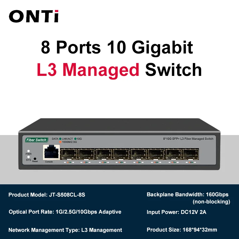 ONTi 8-Port 10Gb SFP+ L3 Managed Network Switch | 160Gbps | VLAN | DHCP | Dynamic Routing | EU/UK Plug