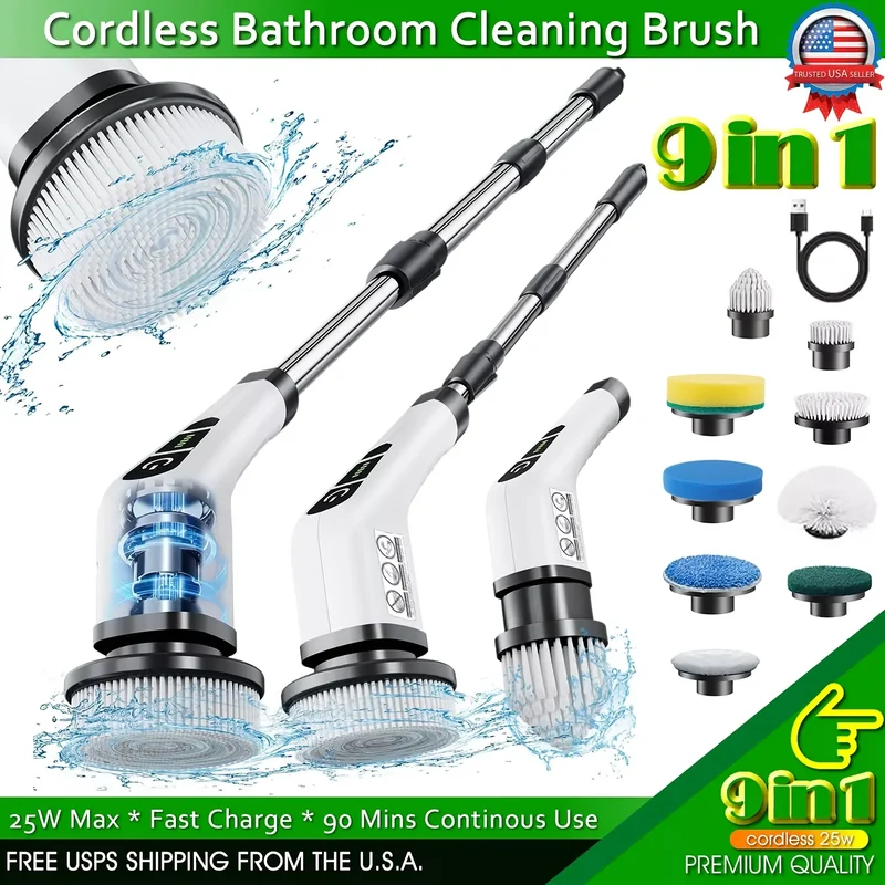 9-in-1 Electric Rotating Cleaning Brush | Wireless | Replaceable Heads | Telescopic Handle