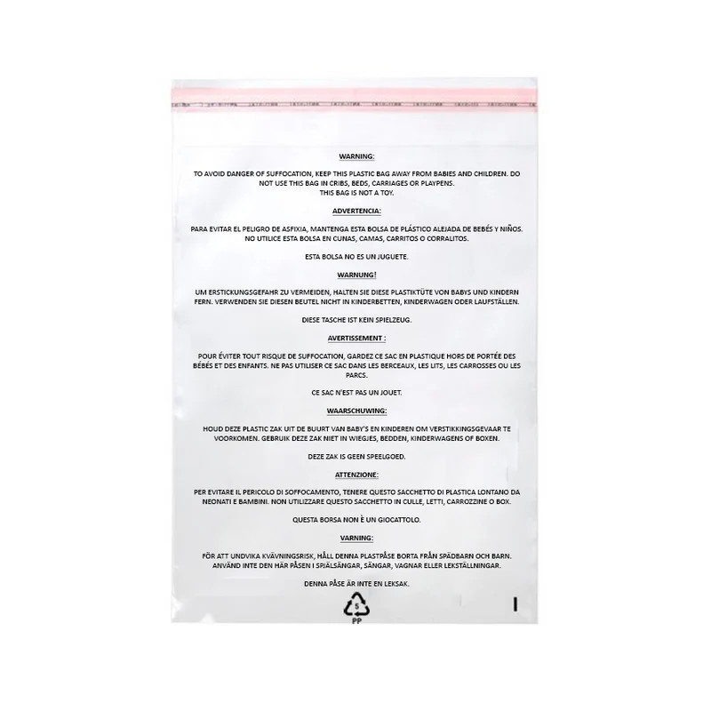 Plastpåsar med Kvävningsvarning 22,9x30,5cm Transparent med Tejpremsa (100 st) [PFW1912]