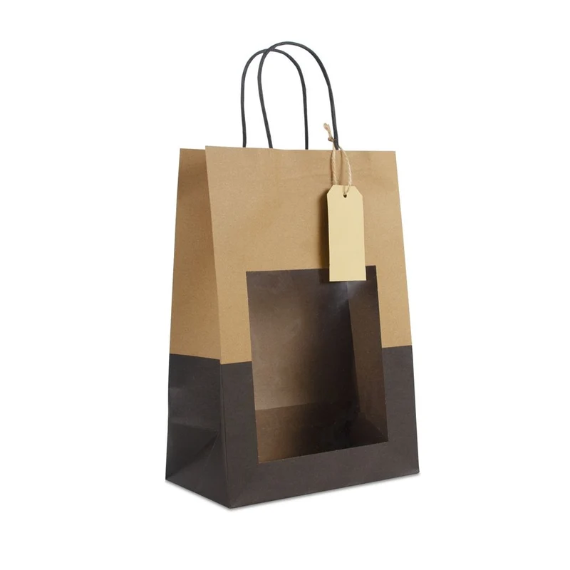 Presentpåsar med fönster och etikett 22+12x32 cm kraft/Svart (100 pcs) [FP-DPT114]
