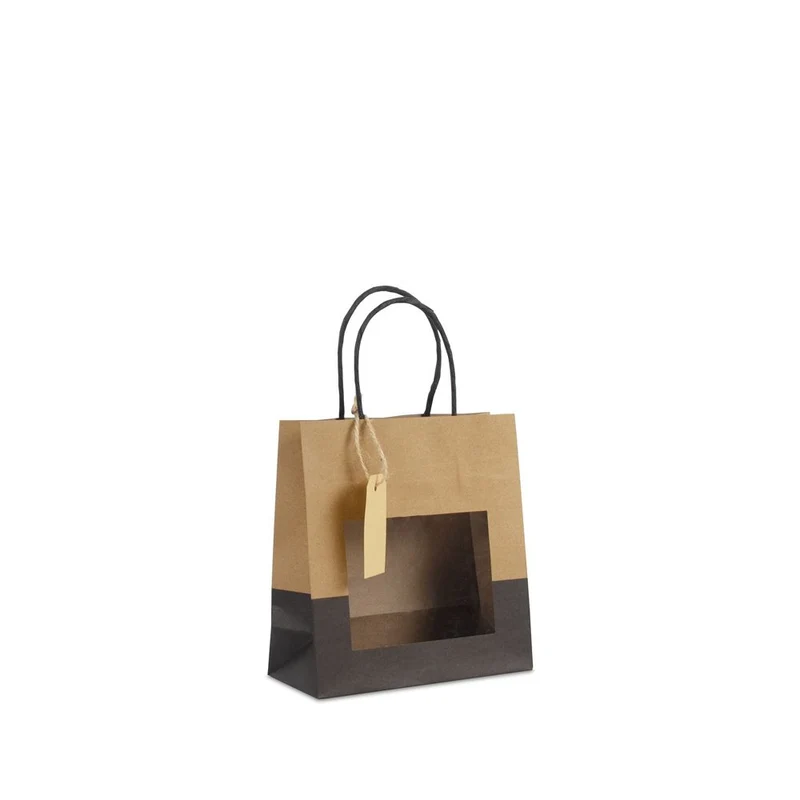 Presentpåsar med fönster och etikett 18+8x19 cm kraft/Svart (100 pcs) [FP-DPT113]