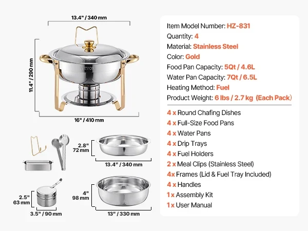 SucceBuy 4-Pack Round Chafing Dish Buffet Set – Stainless Steel Catering Warmer