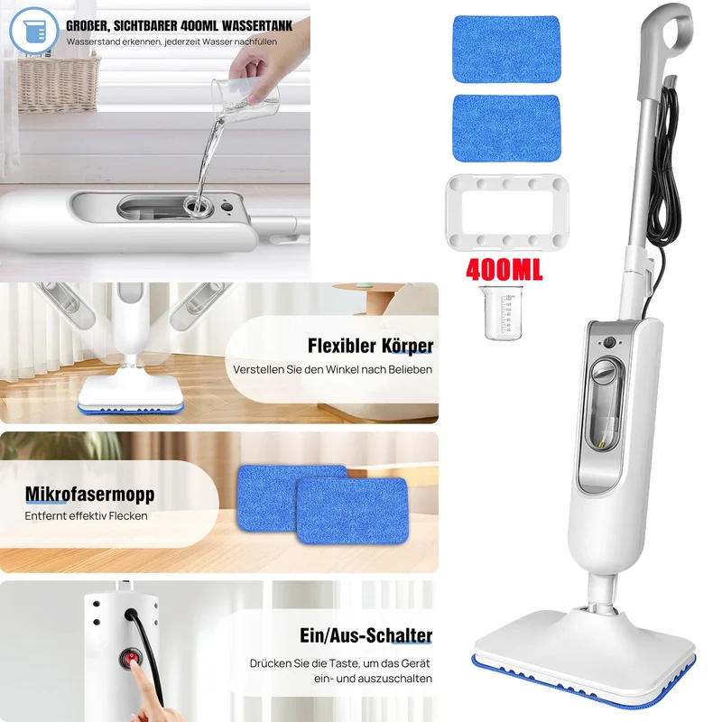 DayPlus Steam Mop & Detachable Steam Cleaner 1500W – Carpet, Laminate, Tile, Hardwood, 400ml