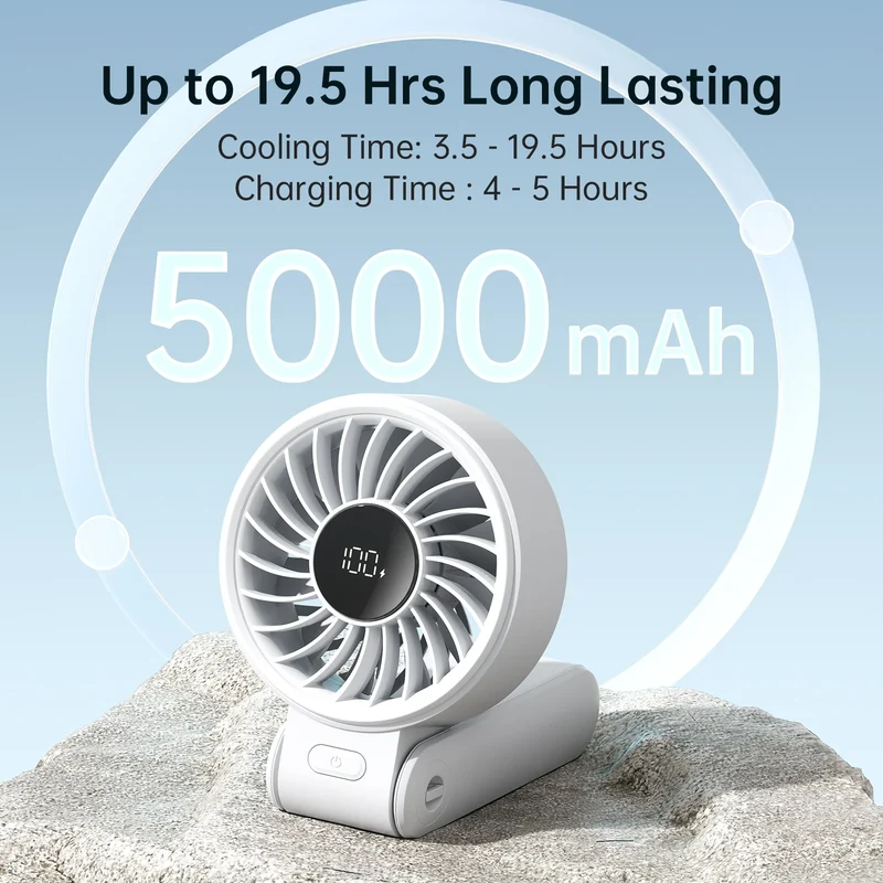 JISULIFE 3-in-1 Portable Handheld Fan – 5 Speeds, LED Display, 3600/5000mAh, Hand/Desk/Neck