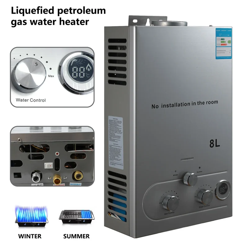 LPG Gas Water Heater 6L / 8L | Stainless Steel | Shower Kit | Camping & Home