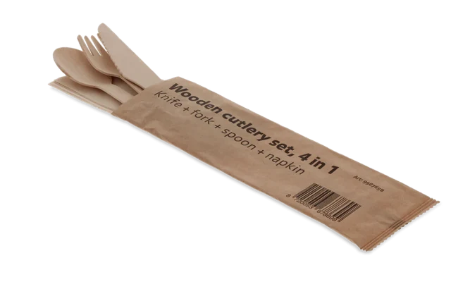 Bestickset i trä 4/1 Kniv + gaffel + sked + Servett FSC (250 st) [TK-9987658]