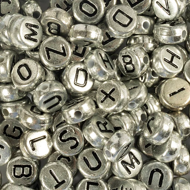 Bokstavspärlor, Dia. 7 mm, Hålstl. 1,2 mm, ca. 200 st., silver, 21 g/ 1 förp. [HOB-699330]