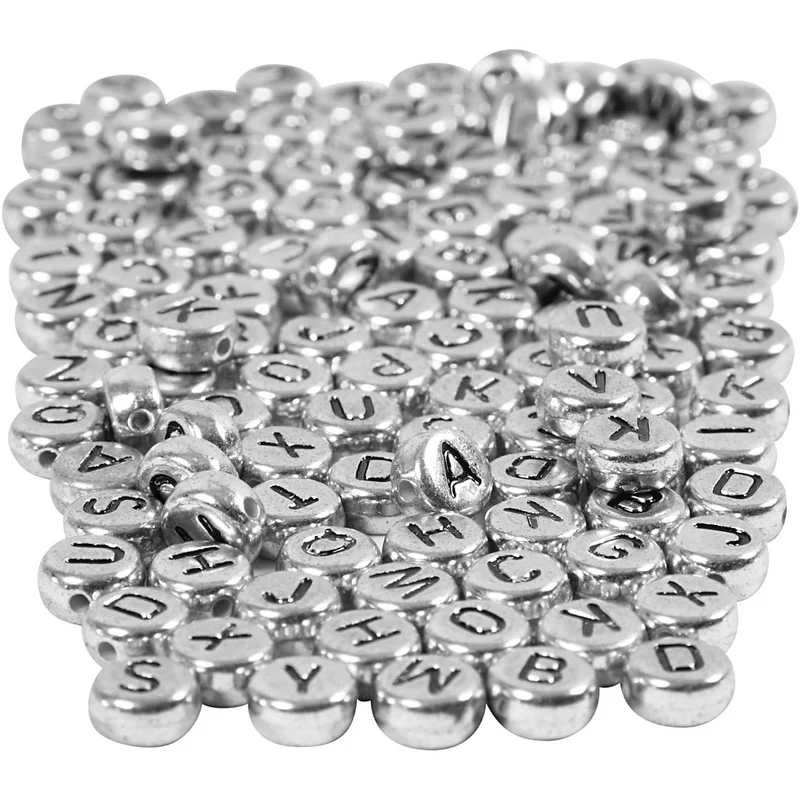 Bokstavspärlor, Dia. 7 mm, Hålstl. 1,2 mm, ca. 1500 st., silver, 165 g/ 1 förp. [HOB-69933]